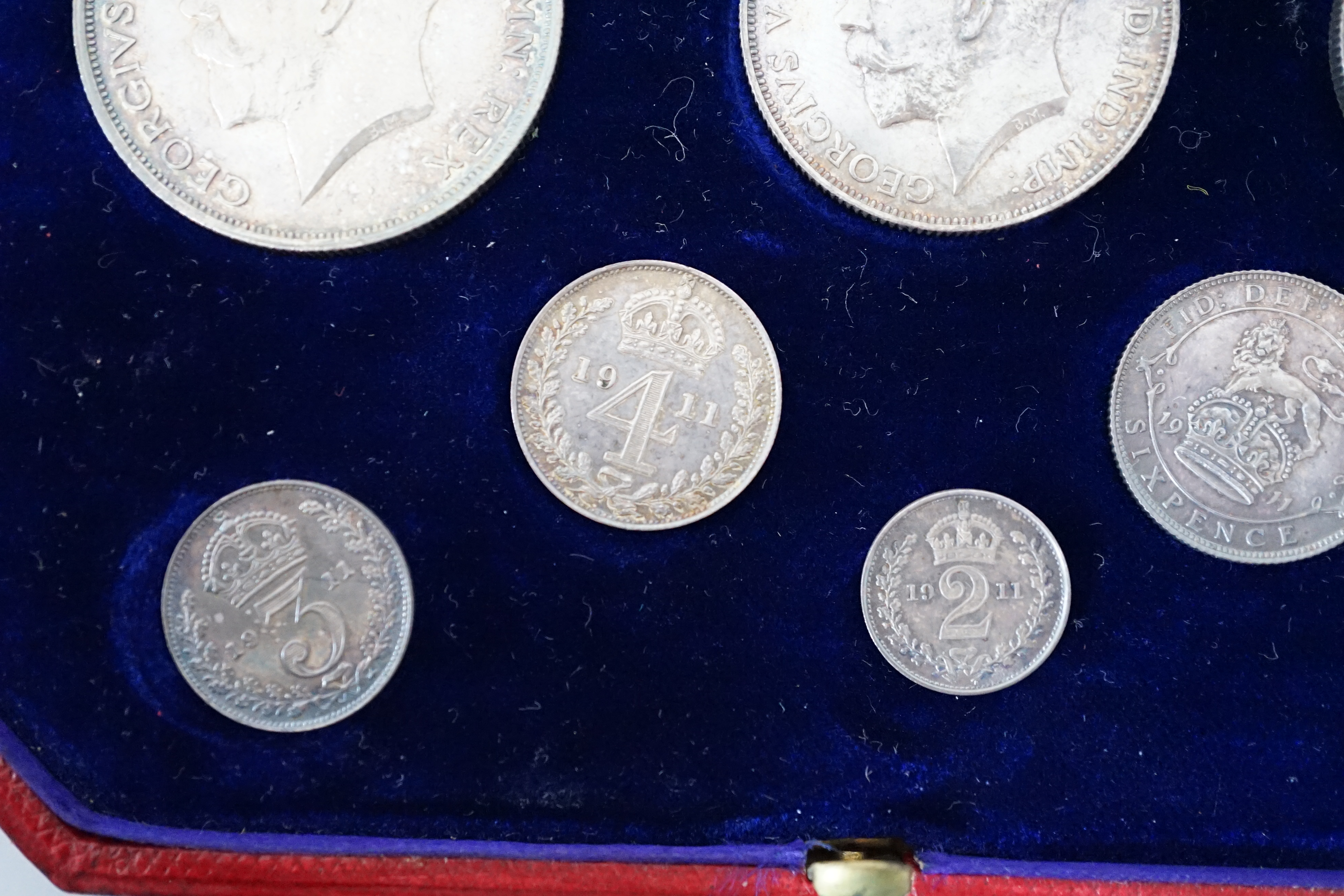 British Silver Coins, George V coronation specimen eight coin set, 1911, ranging from halfcrown to maundy penny, in case of issue